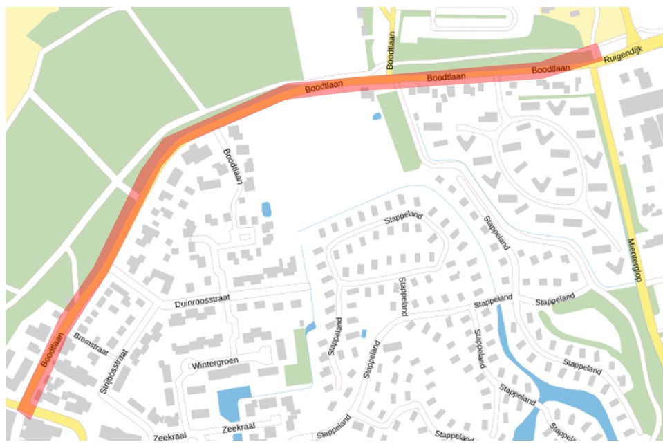 Plattegrond met de Boodtlaan in De Koog in het rood gemarkeerd